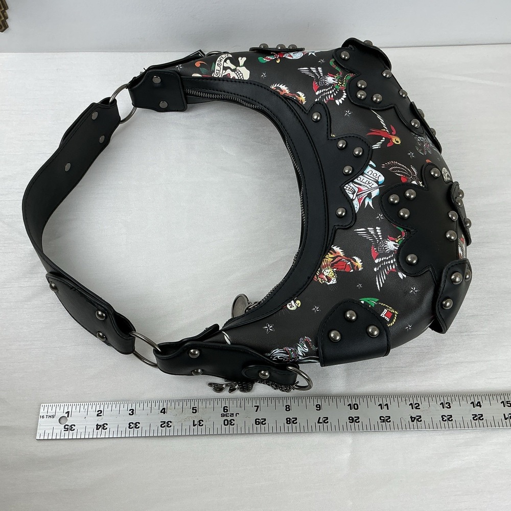 Ed Hardy Studded Tattoo Shoulder Bag Skull Tiger Rose Black Multicolor Goth NWT - Picture 9 of 10